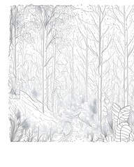 Black and white illustration of a forest with trees, grass and bushes