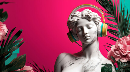 A classical marble statue of Venus is adorned with modern headphones and surrounded by bright floral patterns and abstract digital shapes.