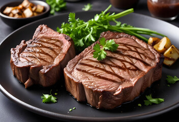 Juicy medium-rare grilled steak served on a black plate with fresh parsley, accompanied by a fork, on a dark textured background.
