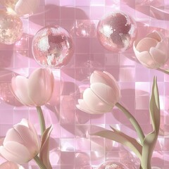 Seamless Pattern of Radiant Disco Balls and Elegant Tulips in Soft Pastel Pink - Design for Print, Card, Poster