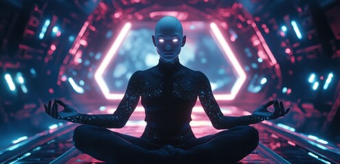 Futuristic humanoid meditating in a glowing night setting