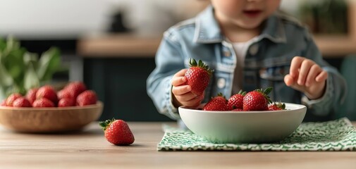 A Childs Perspective A Hand Reaching for a Juicy Strawberry in a White Bowl on a Green Placemat