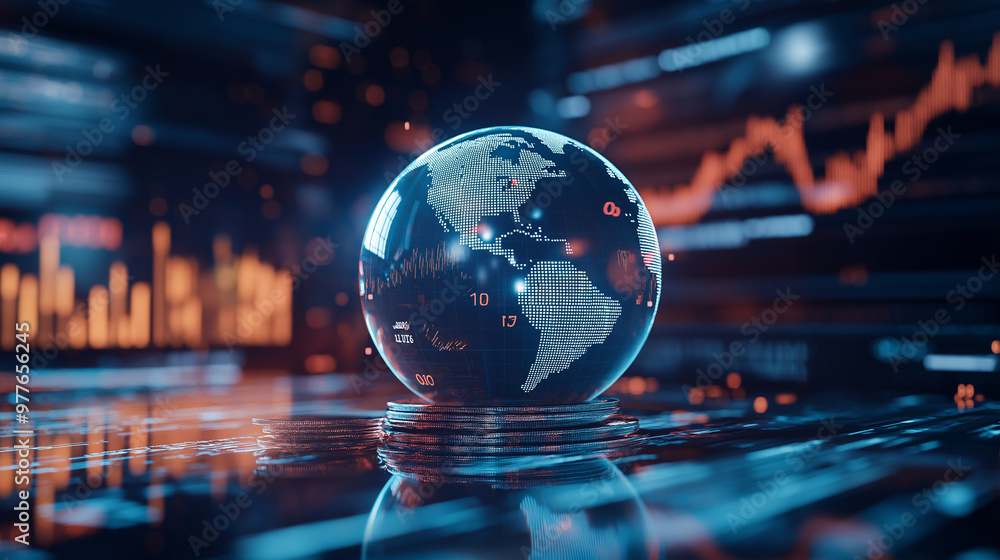 Poster the illuminated globe rests on a gleaming coin stack, surrounded by financial charts and digital num