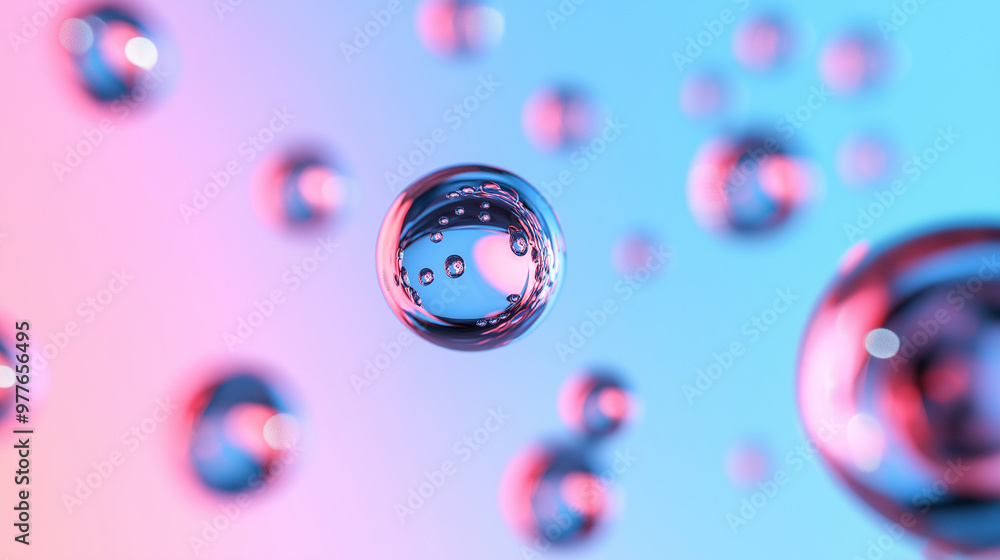 Poster abstract floating spheres of varying sizes, their glossy surfaces reflecting each other against a sl