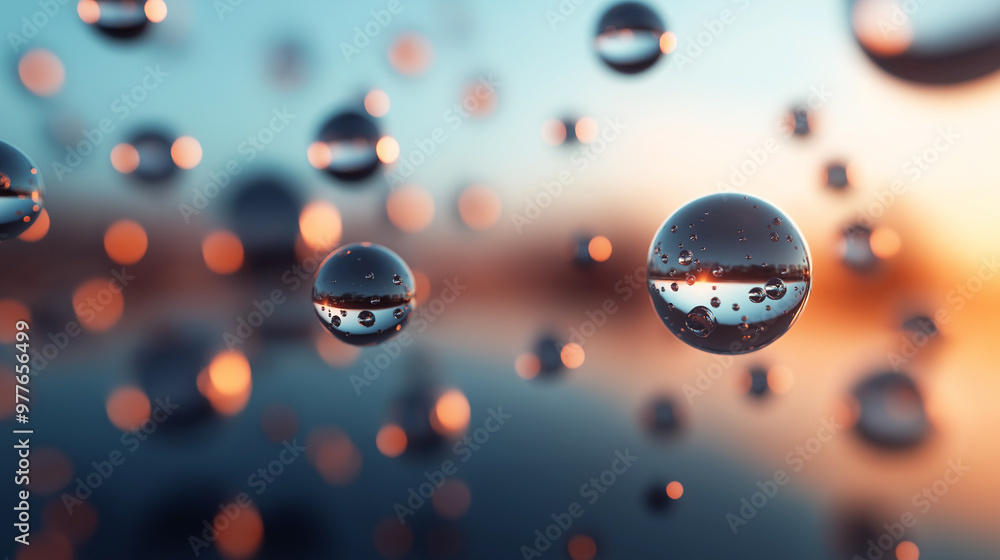 Poster abstract floating spheres of varying sizes, their glossy surfaces reflecting each other against a sl