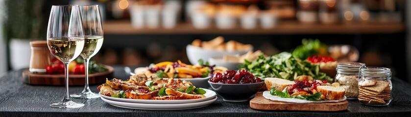 A Festive Table Two glasses of wine a bowl of cranberry sauce and an assortment of appetizers