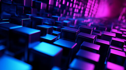 Obraz premium A dynamic 3D wallpaper showcasing a maze of interlocking cubes with sharp shadows and gradients of blues and purples creating a sense of depth.