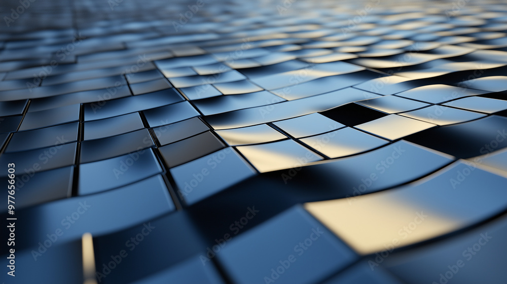 Aufkleber a flowing wave of interconnected metallic tiles, bending and twisting in three dimensions to form an