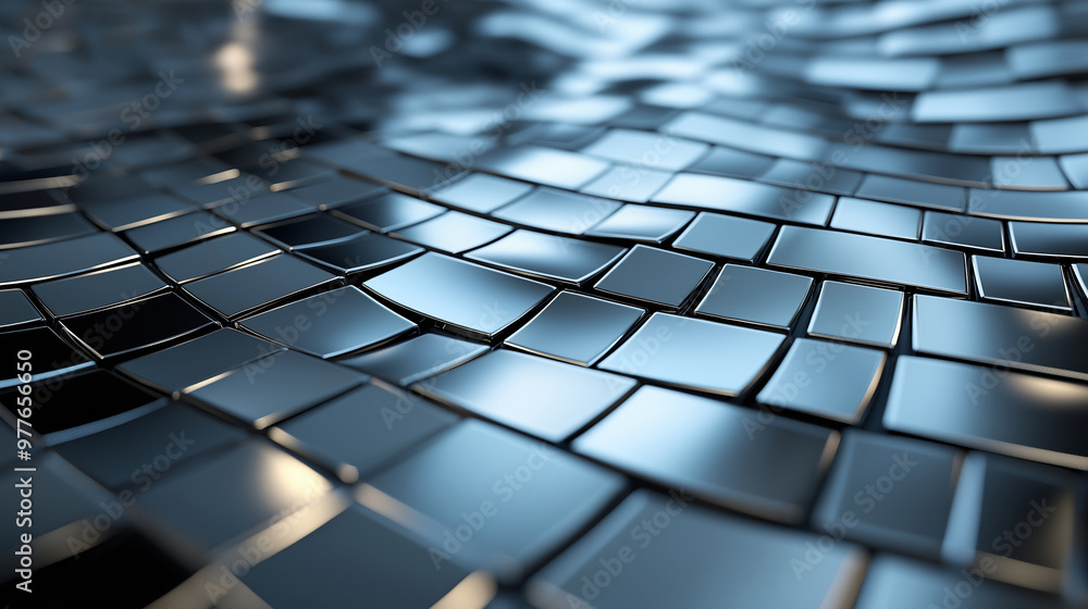 Aufkleber a flowing wave of interconnected metallic tiles, bending and twisting in three dimensions to form an