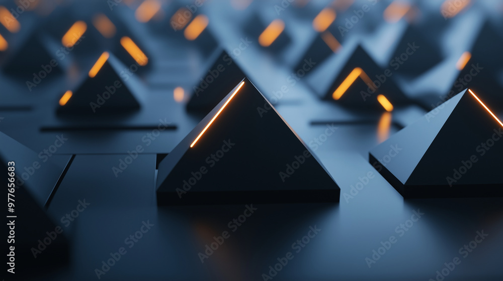 Poster a 3d wallpaper with geometric pyramids that rise from a smooth surface, each one glowing faintly wit
