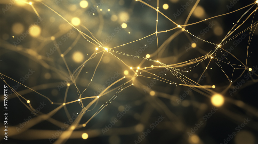Poster a network of interwoven metallic strands, glowing softly, forming an abstract web-like structure sus