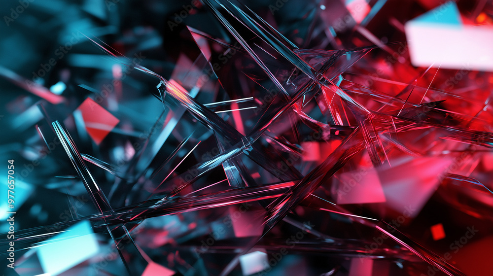 Poster a chaotic mix of jagged 3d polygons, each reflecting light differently, creating a kaleidoscope of c