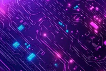 Fototapeta premium Futuristic purple circuit board background with glowing neon lines and geometric shapes illustrating high-tech digital technology