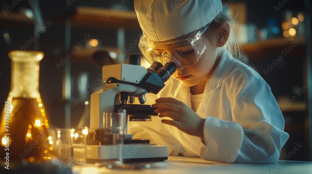 Poster portrait of child dressed as a forensic scientist, analyzing evidence under a microscope, in a labor