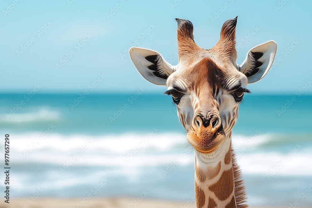 Wall mural Curious giraffe looking at the camera on a beach with a blue ocean in the background