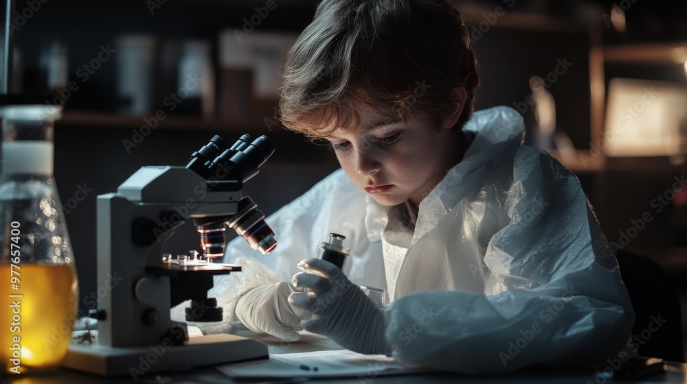 Poster portrait of child dressed as a forensic scientist, analyzing evidence under a microscope, in a labor