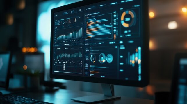 Computer monitor displaying an abstract network monitoring dashboard with real-time data analytics, graphs