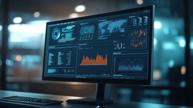 Computer monitor displaying an abstract network monitoring dashboard with real-time data analytics, graphs
