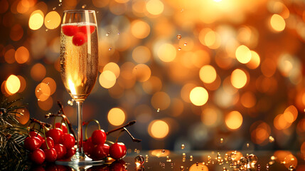 Sparkling Beverage With Cherries Celebration During Evening With Festive Lights in the Background