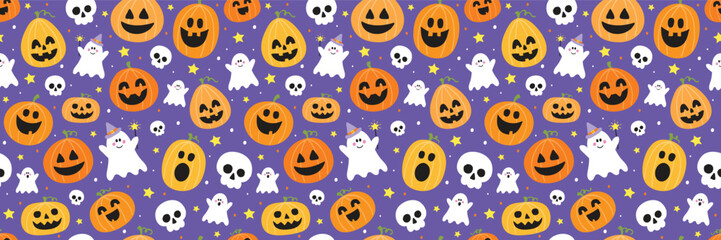Fototapeta premium Cute Halloween background with hand drawn pumpkins, ghosts and skulls. Seamless pattern. Banner. Vector illustration