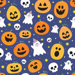 Design of Halloween pattern with cute pumpkin lanterns, ghosts and skulls. Vector illustration