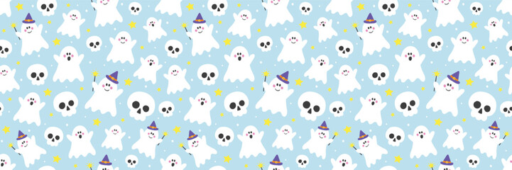 Halloween background. Seamless texture with cute ghosts and skulls. Banner. Vector illustration