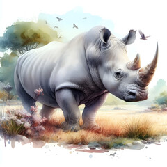 Fototapeta premium 코뿔소, 수채화 (Rhinoceros, water colour)