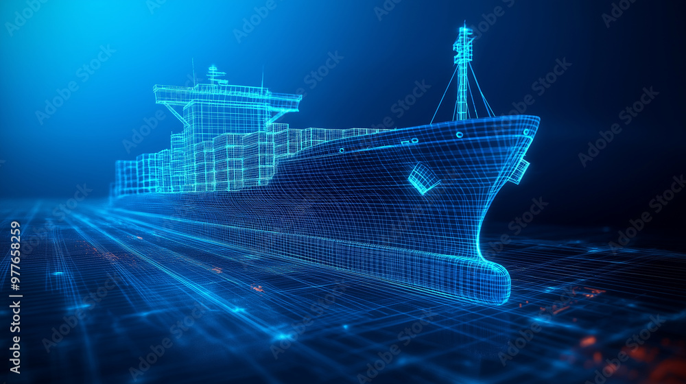 Poster a wireframe representation of a large cargo ship, with external hull lines visible and the inner lay