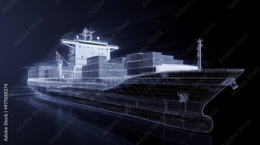 Poster a wireframe representation of a large cargo ship, with external hull lines visible and the inner lay
