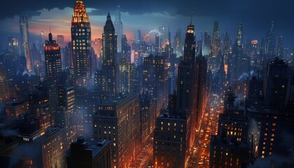 Obraz premium A Nighttime View of a Dense, Illuminated Cityscape