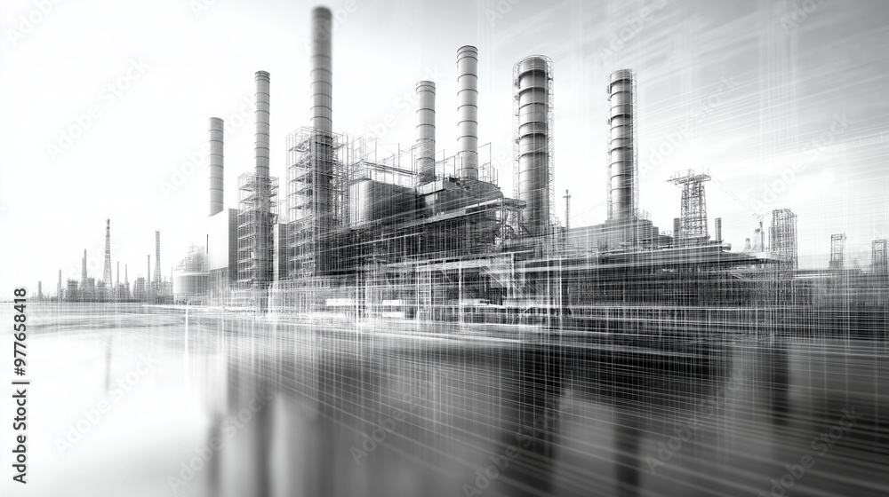Poster a complex wireframe of a power plant, separating external cooling towers from internal control rooms