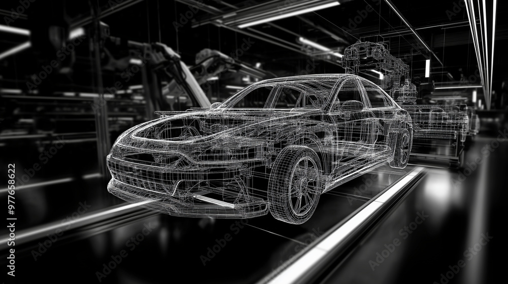Poster a vector wireframe of a car assembly line, with visible robotic arms and invisible assembly componen