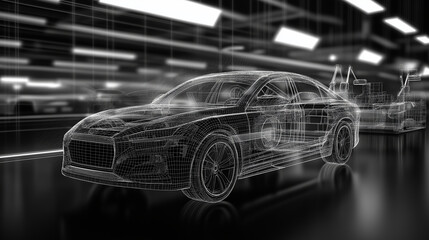 Fototapeta premium A vector wireframe of a car assembly line, with visible robotic arms and invisible assembly components, separated by layers showing individual car parts.