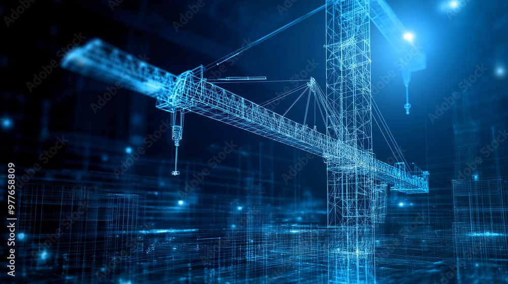 Aufkleber a detailed wireframe of a crane on a construction site, with external arm mechanisms visible and int