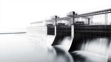 A wireframe model of a dam and hydroelectric plant, with visible water flow paths and invisible internal turbine systems displayed on separate transparent layers.
