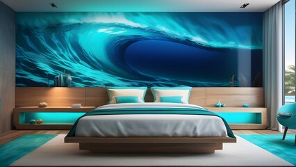 Modern Bedroom with Ocean Wave Wall Art and Wooden Bed