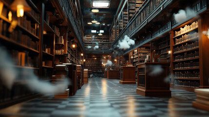 A spacious, vintage library with high shelves filled with books, dim lighting from chandeliers and wall-mounted lamps, and a tiled floor with scattered stacks of books.