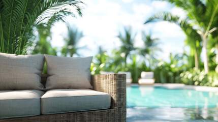 A cozy rattan patio set with soft cushions, positioned in front of sliding glass doors that open onto a poolside area, surrounded by tropical plants.