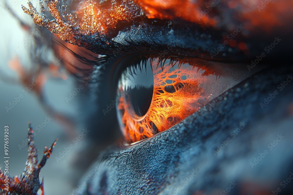 Poster fiery orange iris of a human eye glowing in a dark background highlighting intense contrast and text