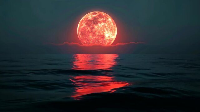 Stunning Blood Moon rising over calm ocean waters at dusk