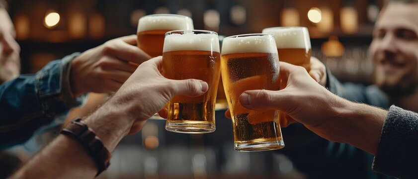 Cheers to Friendship Closeup of Hands Clinking Beer Glasses in a Blurred Pub Setting