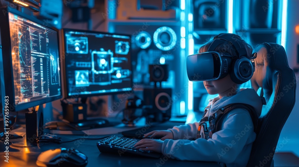 Poster portrait of child dressed as a metaverse architect, designing virtual worlds with a vr headset and f