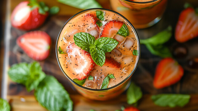 Refreshing Summer Beverage With Strawberries and Mint on a Wooden Surface - Powered by Adobe