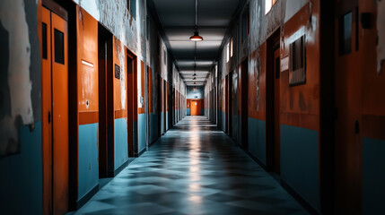 A long, dimly lit corridor with a checkerboard pattern floor, orange doors, and peeling blue and white paint on the walls, creating a sense of abandonment and disrepair.