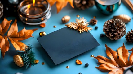 Blank Black Card Mockup with Autumnal Elements on Blue Background