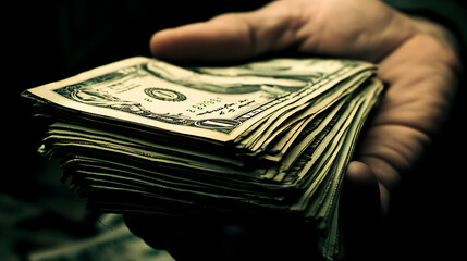 A close-up of a hand holding a stack of cash, symbolizing wealth and financial transactions in a dramatic light setting.