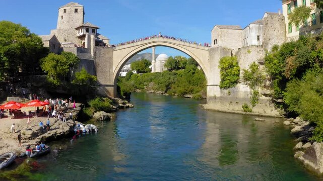 Drone view of Mostar bridge in Bosnia and Herzegovina