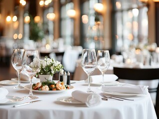 Table Setting with Shrimp Salad and Blurred Background A Romantic Restaurant Scene