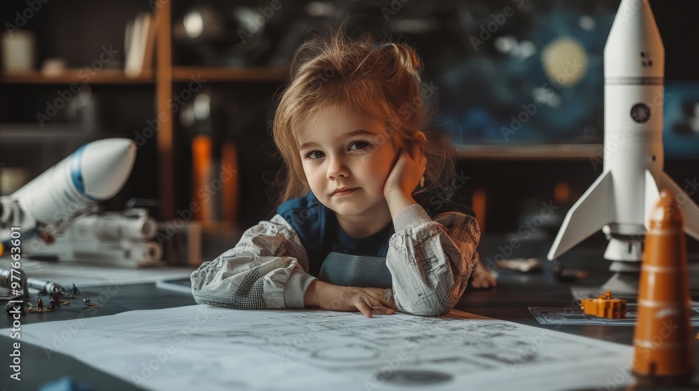 Poster child dressed as an aerospace engineer, designing a spacecraft, surrounded by blueprints and models 