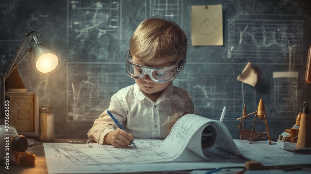 Poster child dressed as an aerospace engineer, designing a spacecraft, surrounded by blueprints and models 
